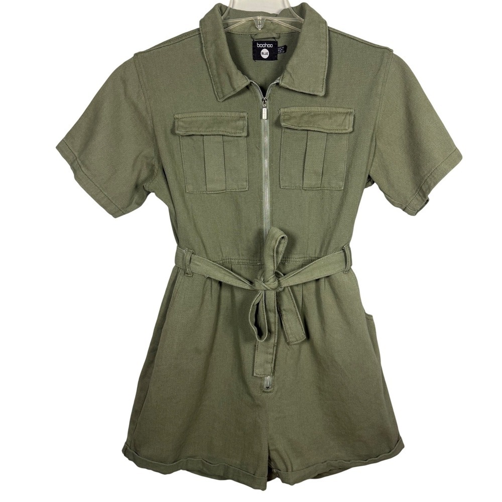 Boohoo Blue Olive Green Utility Romper Zip Front Belted Cotton Playsuit Size 12